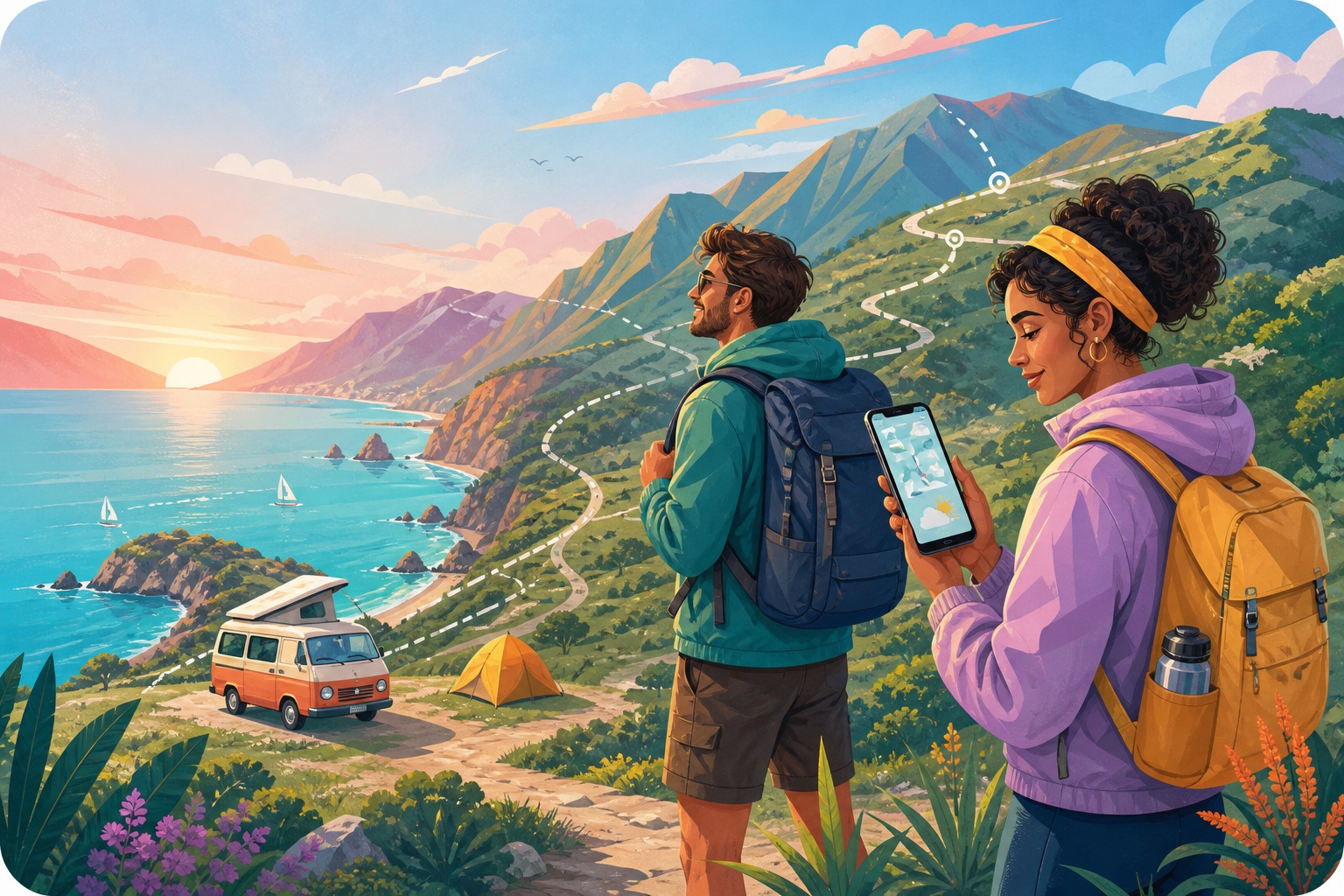 Two travelers using a utility app while exploring a colorful coastal mountain route